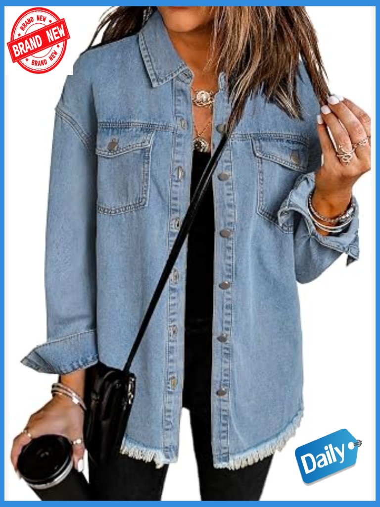 Oversized Denim Jacket Long Sleeve Distressed